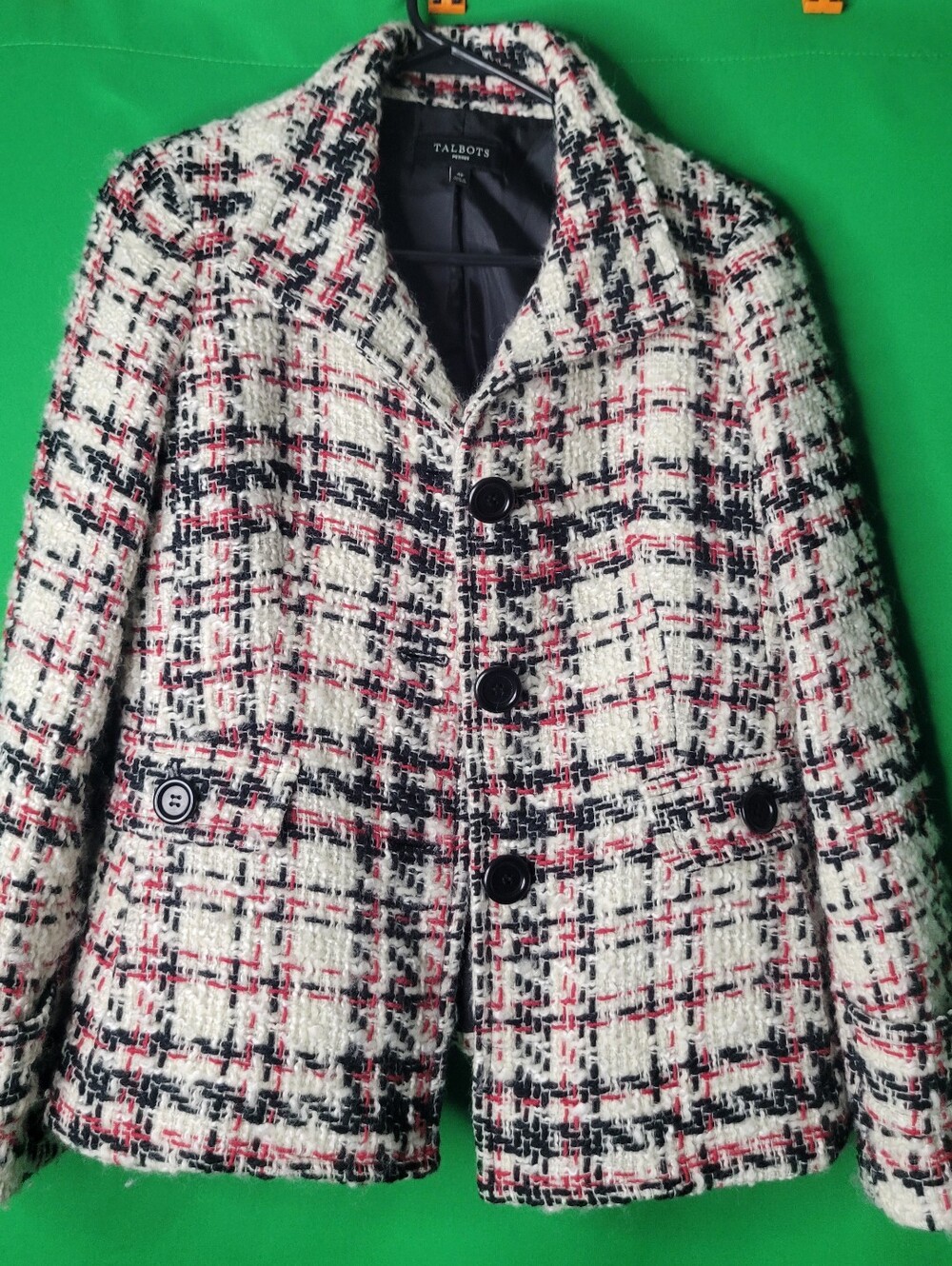 Talbots Women Cream Tweed Plaid Jacket Black & Red Accents Sz 4p 4 Petite
